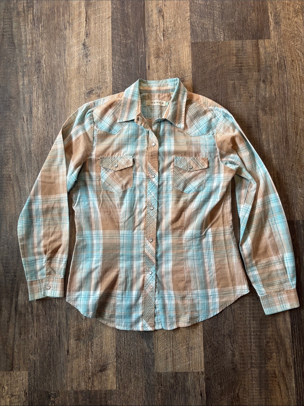 Roper womens Plaid Pearl snap Western Shirt in Aqua/turquoise & Tan large